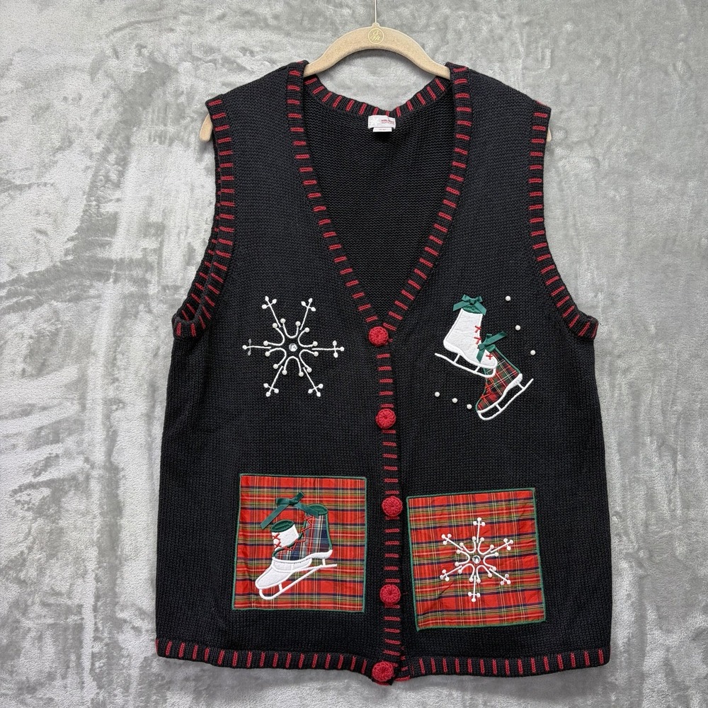 Holiday Time Women's Christmas Sweater Vest‎ Size XL Skates Snow Plaid Patch